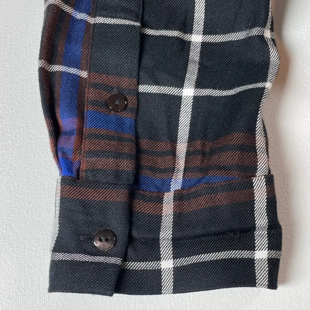 L’AGENCE Flannel Plaid Shirt Contrast Black Silk Back, Blue and Brown - Size XS
